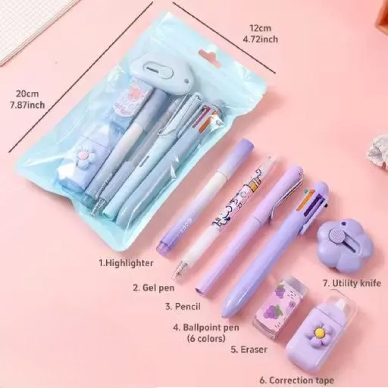 7 pcs cute pink stationery set kawaii
