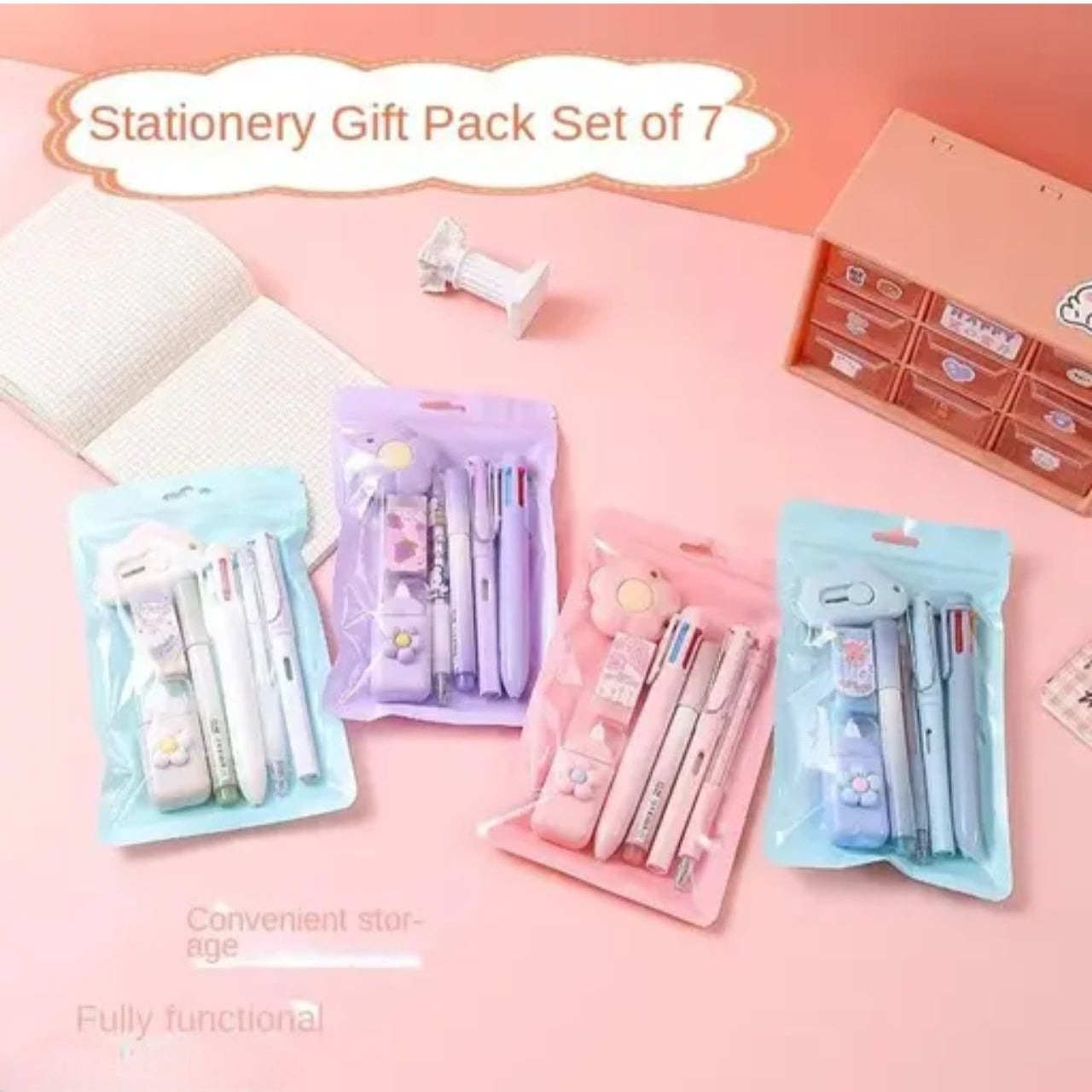7 pcs cute pink stationery set kawaii