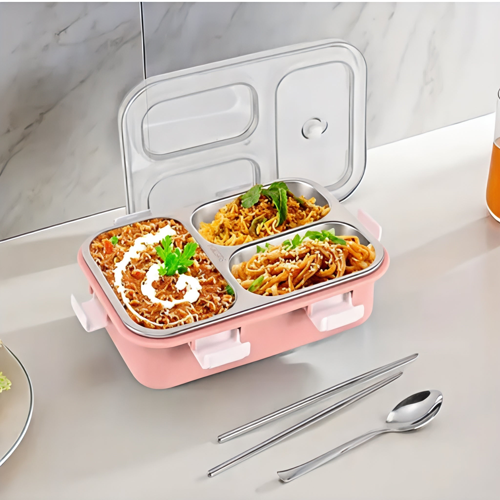 stylish 3 compartment stainless steel lunch box with leakproof design