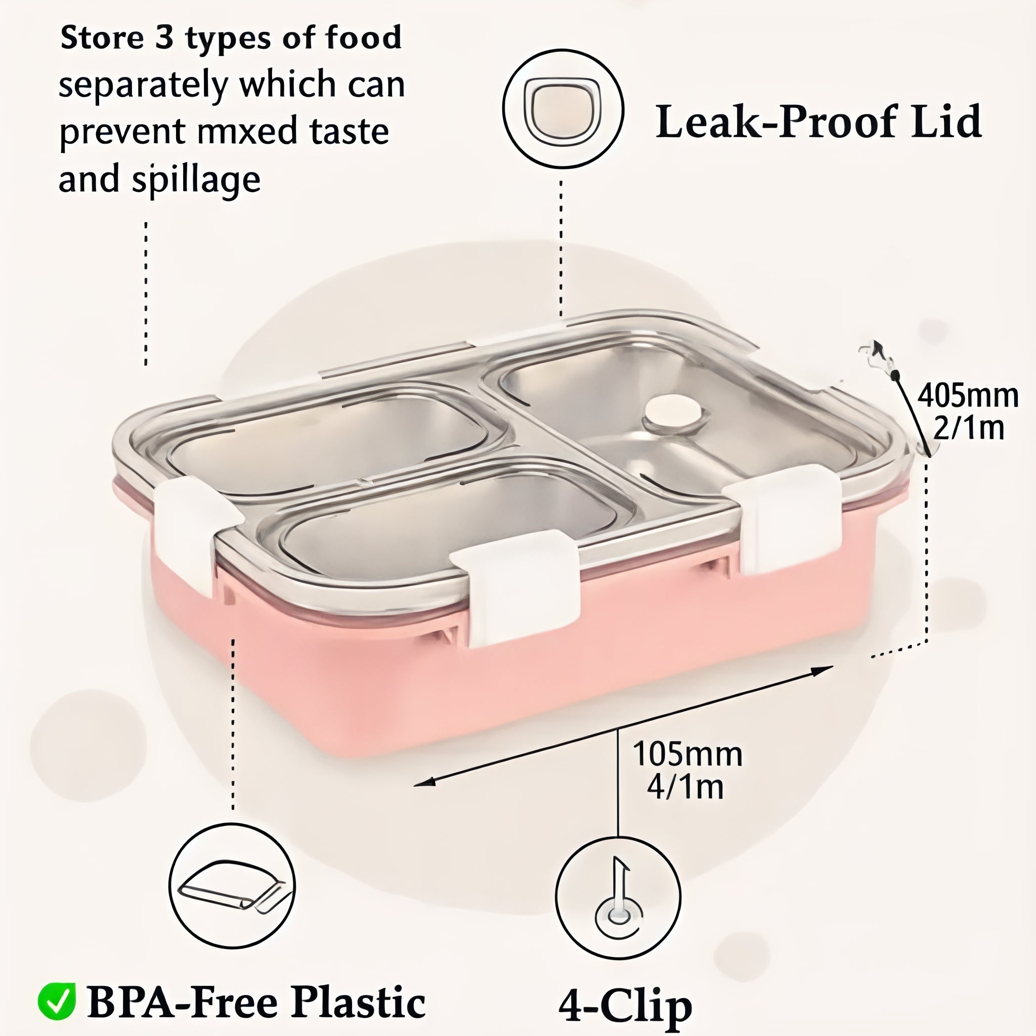 stylish 3 compartment stainless steel lunch box with leakproof design