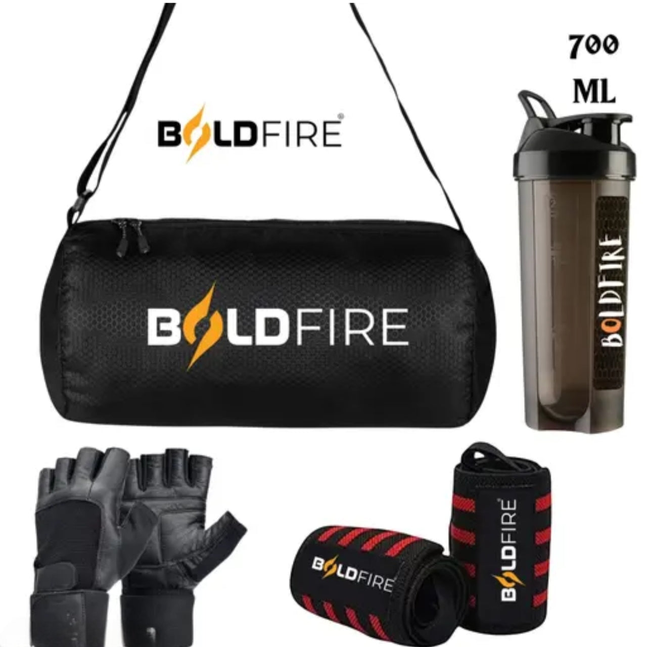 boldfire gym accessories combo gym bag, shaker 700ml, gloves, waterbottle 700 ml
